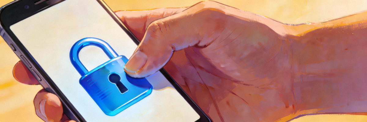 Ilustrasi tangan memegang ponsel dengan simbol gembok keamanan di layar